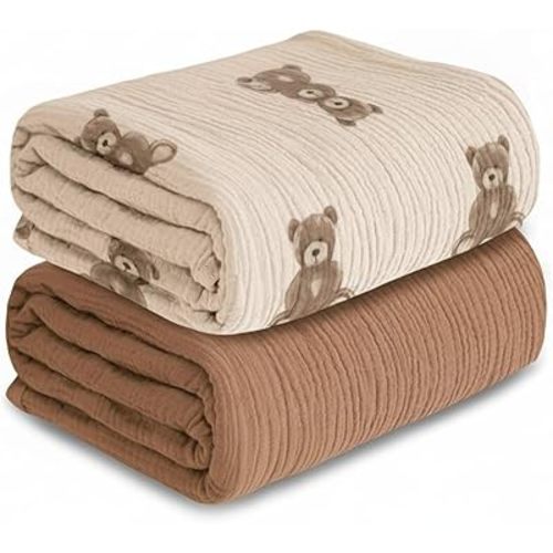 Muslin Swaddle Blankets for Boys Girls, 2 Pack Receiving Baby Blanket Large 47 x 40 inches, Soft Breathable Swaddling Wrap for Unisex Newborn (Bear, Brown)