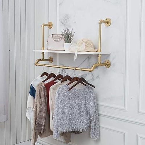 Tianman 40",Gold,White,Industrial Detachable Wall-Mounted Black Iron Wooden Garment Bar,Heavy Duty Pipe Clothing Rack,Pipe Clothes Rack, Multi-Purpose Hanging Rod for Closet Storage
