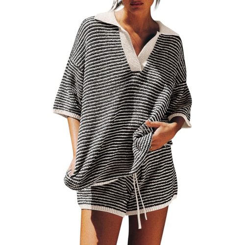 Tankaneo Womens Sweater Set 2 Piece Outfits Oversized 3/4 Sleeve V Neck Knit Tops High Waisted Shorts Lounge Sets