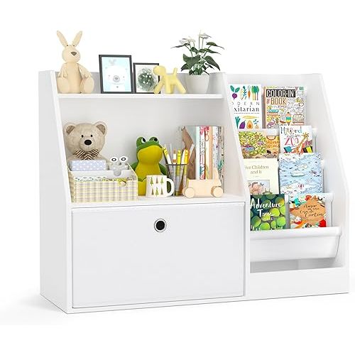 TOETOL Kids Bookshelf,Book Storage Organizer,4 Sling Toddler Wooden Book Shelf,2-Tier Kids Bookcase for Bedroom,Livingroom,Playroom,Nursery-White