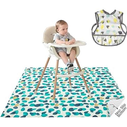53 x 55 inch Extra Large Waterproof Mat Anti Slip Mat High Chair Mat Portable Floor Mats Waterproof Reusable Splat Mat for Under High Chair and Free A Baby Bib Highchair Mat for Floor