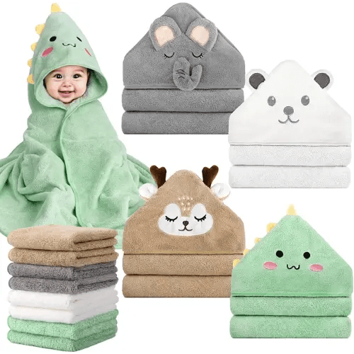 CandyHome 12 PCS Baby Bath Towels Set for Infants Toddlers, 4 PCS Animal Hooded Baby Towels & 8 PCS Washcloths Set, Ultra Absorbent Cute Soft Newborn Essentials Gift for Boys & Girls