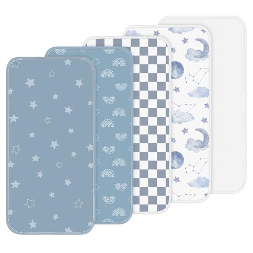 Hahafelt 5 Pcs 100% Cotton Waterproof Changing Pad Liners, 27.5 x 14 Inches Washable Changing Pad Liners Muslin Change Mat Checkerboard Change Pads Covers for Baby(Blue Pattern)
