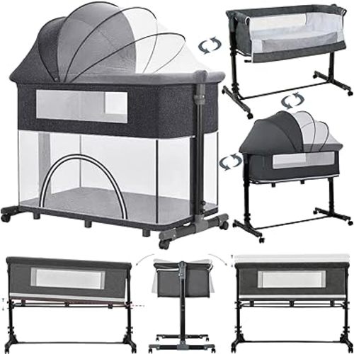 Baby Bedside Bassinet, Next to Me Crib with Wheels, Foldable Baby Bassinet Bedside Sleeper, Co-Sleeping Bed Crib for Newborn (X6 Deep Grey)