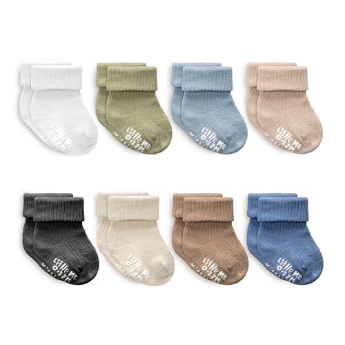 Little Me Baby Socks 16 Pairs | 61% Organic Cotton | Sizes 0-12M & 12-24M | Seamless Toe & Anti-Slip Gripper Sole