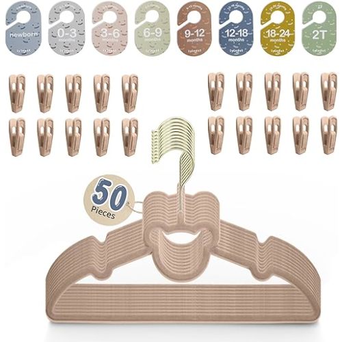 Velvet Baby Hangers with Clips – Organize Baby Clothes by Age with Size Dividers – Save Closet Space for Newborn to Toddler Outfits – Perfect Nursery Must-Have (Dune)