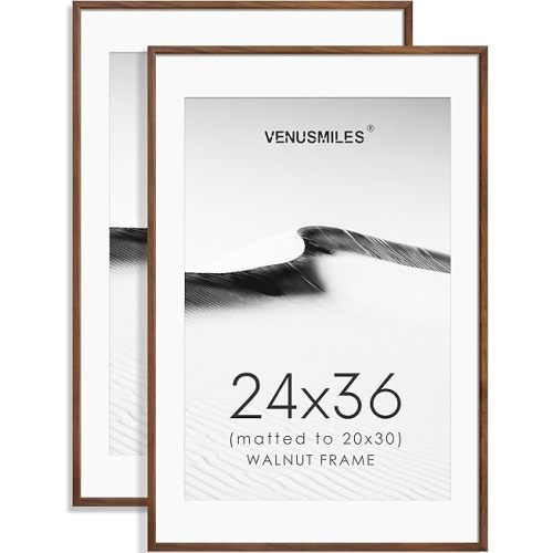 24x36 Poster Frame Set of 2 Natural Solid Walnut Photo Frames with 20x30 Removable Mat Wall Hanging Large Handcrafted Frame with HD Plexiglass Wall and Tabletop Display Large Picture Frame