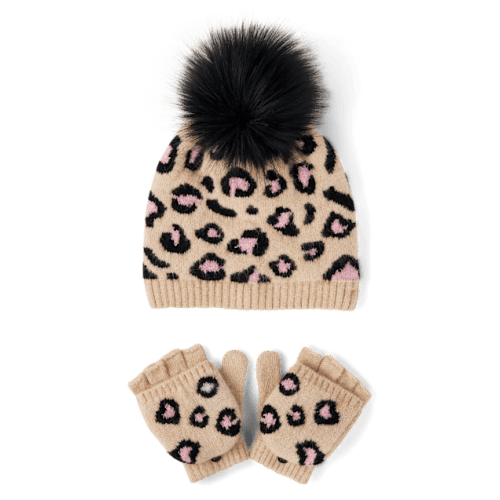 Girls Intarsia Leopard 2-Piece Cold Weather Set - Tan