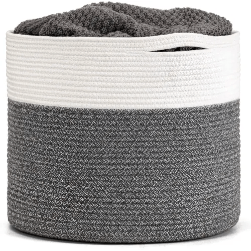 Goodpick Large Cotton Rope Basket 15.8"x15.8"x13.8"-Baby Laundry Basket Woven Blanket Basket Nursery Bin, Gray