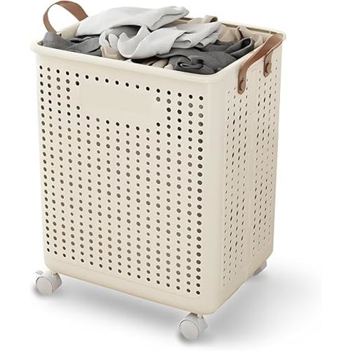Large Laundry Basket with Wheels and Handles, 17 Gal (64L) Dirty Clothes Hamper, Foldable Design from Spacious to Slim Laundry Hamper, Rolling Laundry Basket for Bathroom, Bedroom, Dorm, Beige