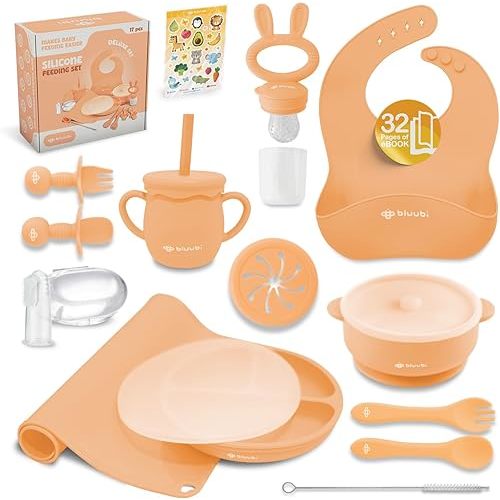 Silicone Baby Feeding Set - Infant Tableware for First Foods & Baby, Led Weaning (0+ Months), Easy to Clean, Durable, Perfect for Baby Boy or Girl, Solid Feeding - Peach - Deluxe