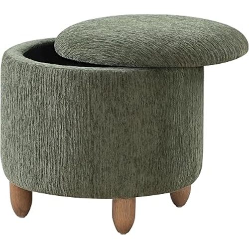 OSP Home Furnishings Lyra Contemporary Round Storage Ottoman with Lift-Off Lid, Pine Green Fabric