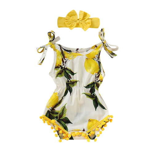 6 Months Baby Girls Clothes 9 Months Girls Romper Lemon Printed Infant Girl Sleeveless Summer Bodysuit Headband Set Yellow