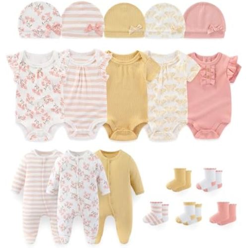 falianni Baby Boy Girl Layette Set 18 Piece Infant Essentials Must Haves Clothes 0-9 Month Rompers+Bodysuits+Hats+Socks