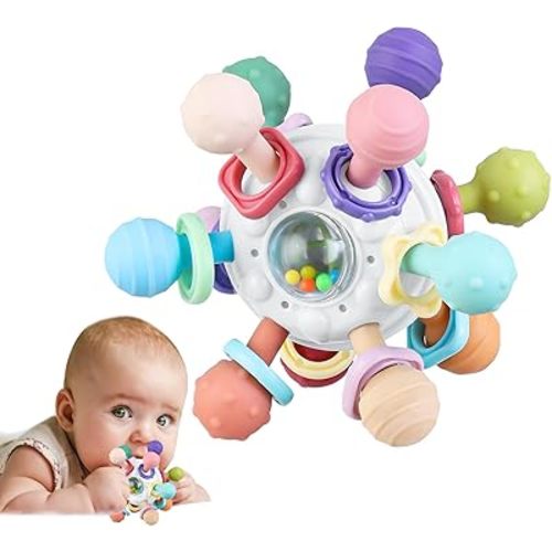 Baby Teething Toys, Baby Teether Montessori Sensory Toys for 0-6 6-12 Months, Baby Boy Girl Gifts for Infant Newborn Toddler 0 3 6 9 12 18 Months, Easter Basket Stuffers Gifts Baby Rattle Chew- White
