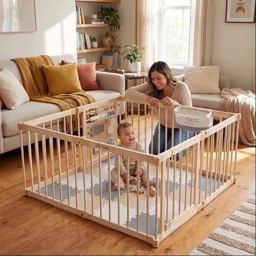 Miotetto Baby Playpen, Wooden Playpen for Babies and Toddlers, Foldable Fence with Montessori Activity Panel, Storage Basket & Gate, Portable, Easy to Assemble Baby Play Pen Natural Wood Playyard