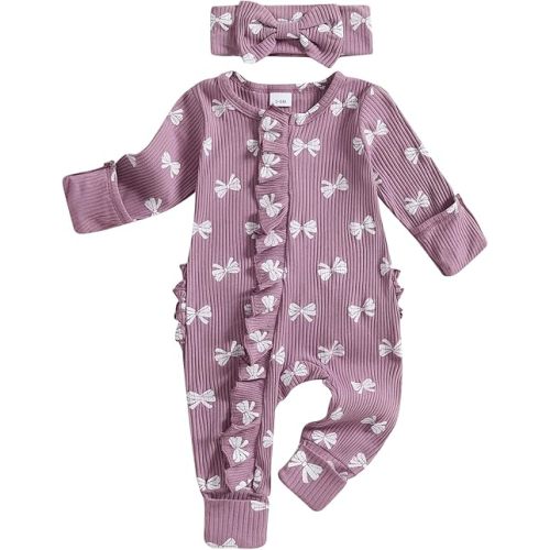 Baby Girl Newborn Clothes Fall Winter Hospital Coming Home Outfit Bow Long Sleeve Romper Zipper Onesie Jumpsuit