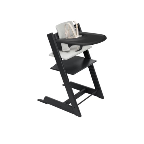 Stokke Tripp Trapp High Chair 2 (Black), Cushion 2 (Nordic Grey) + Stokke Tray (Black) - Includes Chair + Baby Set with Removable Harness for Children 6-36 Months