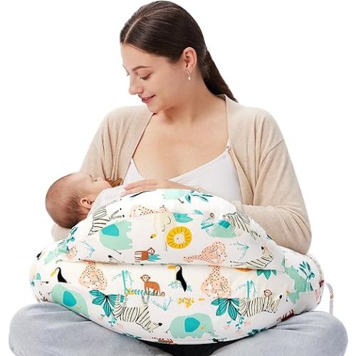 Momcozy Original Nursing Pillow for Breastfeeding, Plus Size Breastfeeding Pillows for More Support, with Adjustable Waist Strap and Removable Cotton Cover, Colorful Wildlife