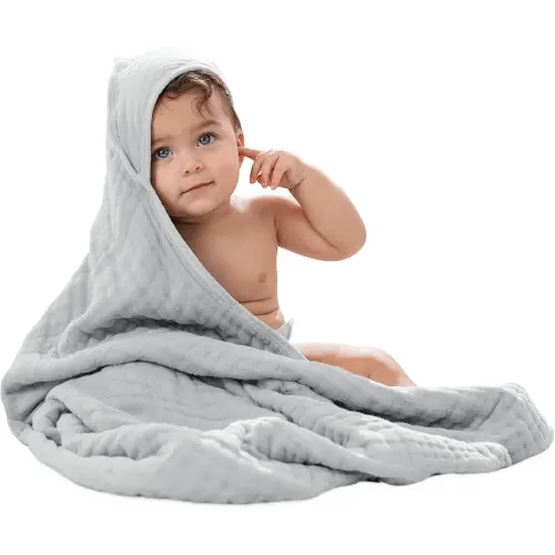 Comfy Cubs Hooded Baby Towel 1-Pack, Large 32 x 32 Inch - 6 Layer 100% Muslin Cotton for Babies, Toddlers and Kids - Soft & Absorbent Baby Bath Towels - Unisex Design for Bath Time - Heather Blue