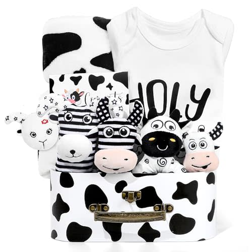 iAOVUEBY Baby Shower Gifts, Baby Gift Set for Newborn, Black and White High Contrast Baby Montessori Toys 0-6 Months Infant Rattle Socks Blanket Onesies, New Baby Gifts Basket for Girls Boys