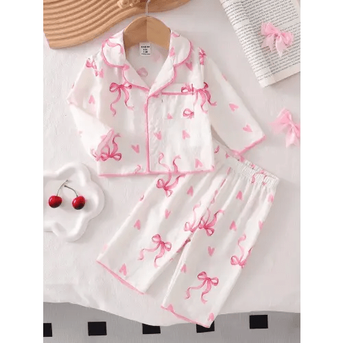 2pcs Baby Girls' Pink Bow Print Long Sleeve Cardigan And Pants Pajama Set, Woven Fabric Cozy And Beautiful For Girl, Princess Gift | SHEIN USA