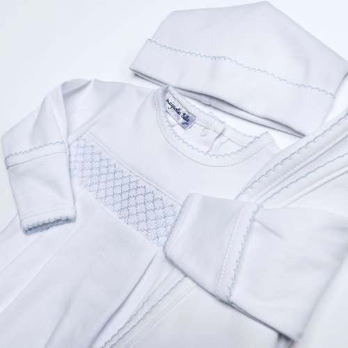 Magnolia Baby Boy Essentials Smocked White Footie with Blue Trim