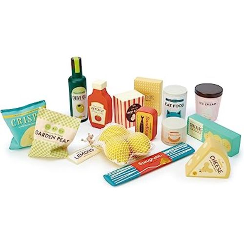 Tender Leaf Toys - Supermarket Grocery Set - 17 Pcs Wooden Pretend Play Food Pack for Supermarket Roleplay Shopping Game, Play Kitchen Accessories - Age 3+