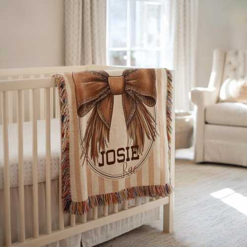 Personalized Cowgirl Blanket Cowgirl Baby Shower Gift Western Girl Blanket with Bow Nursery Decor Coquetteaesthetic Girl Name Woven Blanket