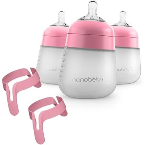 Nanobebe Silicone Baby Bottles 9oz 3pk Pink Bundled with Bottle Handles 2-Pack, Pink