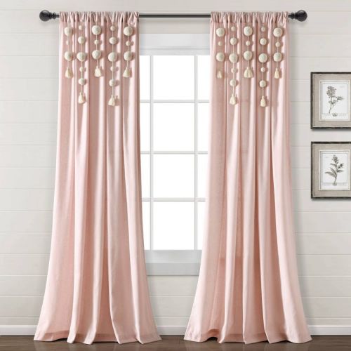 84"x52" Boho Pom Pom Tassel Linen Window Curtain Panels Blush - Lush Décor: Light Filtering, Microfiber, Rod Pocket