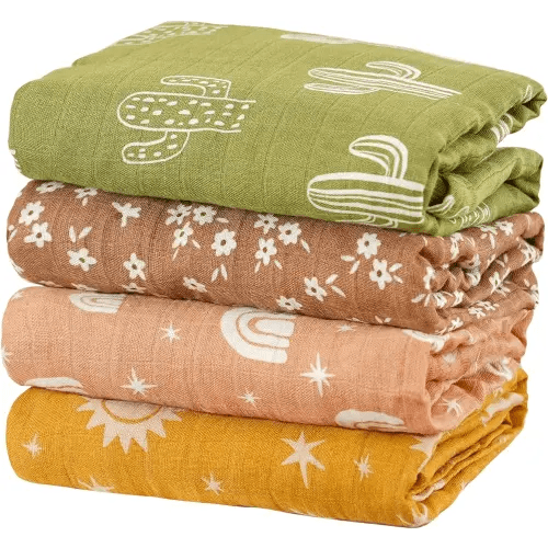 4 Set Muslin Swaddle Blankets for Newborn Baby Boys, Girls,Receiving Blankets-Cute Soft Print Baby Towel Wrap 120x110cm Baby(Cactus)