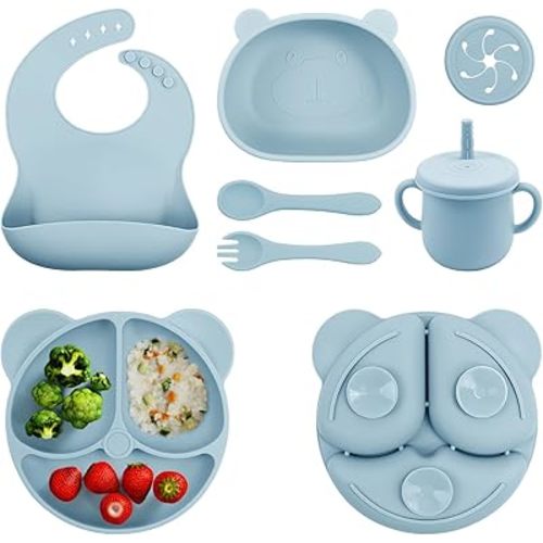 Baby Led Weaning Supplie,Silicone Baby Feeding Set with Suction Plate and Bowl,Toddler Self Feeding Essentials with Spoons Forks Bib Sippy Cup,Eating Utensils for 6+ Months (10 Pcs)