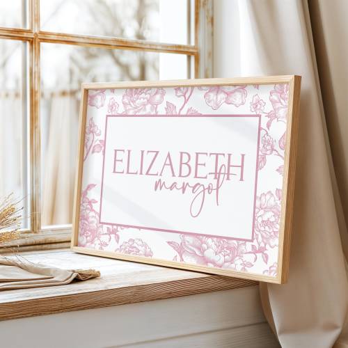 Custom Name Elegant Pink French Toile Coquette Style Print Baby In Bloom Floral Little Girls Room Nursery Personalized Baby Girl Vintage Art