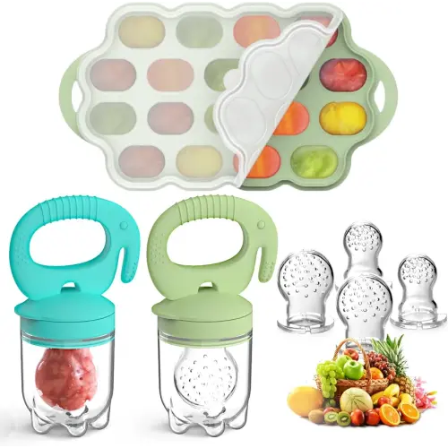Silicone Baby Food Teether Feeder with Breastmilk Popsicle Molds Combo, BPA Free Baby Fruit Food Feeder Pacifier, Teething Popsicle for Baby 4m+, 3 Sizes Food Pouches Included