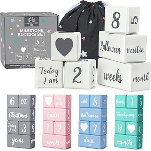 White Baby Monthly Milestone Blocks with Bag. Baby Age Blocks for Girl or Boy Baby Photo Props and Baby Shower. Month Baby Milestone Blocks with Grammatically Correct Month and Year