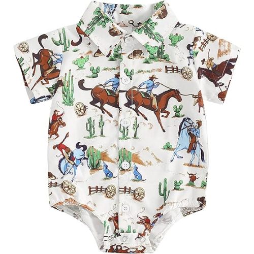 Newborn Western Baby Boy Outfits Country Duck Shirt Romper Short Sleeve Button Down Bodysuit Hunting Summer Clothes