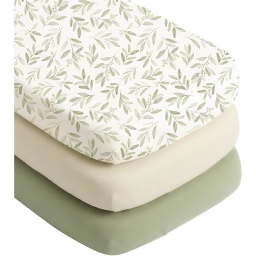 Konssy Silky Soft Bassinet Sheets 3 Pack, Ultra-Stretchy Bassinet Mattress Sheets 33"x 21" for Baby Girl Boy, Compatible with Baby Delight, Dream On Me, AMKE and Other Rectangle Mattress (Green Leaf)