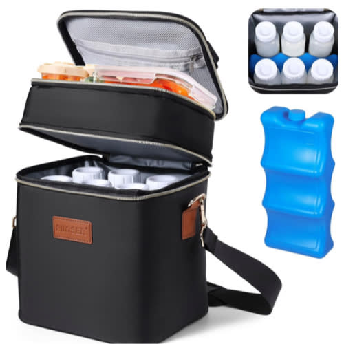 PIIOSER Breastmilk Cooler Bag with Ice Pack Fits 6 Baby Bottles Up to 9 Ounce, Insulated Baby Bottle Tote Bags, Double Layer Waterproof Leak-Proof with Shoulder Strap for Nursing & Working Mom (Cream)