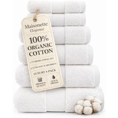 Maisonette Elegance 100% Organic Cotton Turkish Bathroom Towels Set, Ideal Quick Dry Luxury Washcloths, Hand & Large Luxury Bath Towels for Shower (6 Pack), White