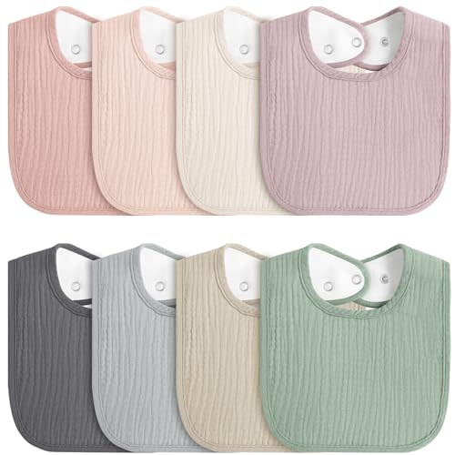 MairMore 8-Pack Baby Muslin Bibs, Soft Cotton Drool Bibs for Boys Girls, Adjustable and Absorbent Newborn Bib Set for Feeding and Drooling