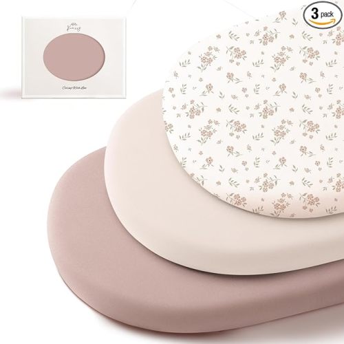 Konssy 3 Pack Stretchy Bassinet Sheets for Baby Girl Boy, Soft Breathable Baby Bassinet Mattress Sheets Fit for Hourglass Oval Cradle, Moses Basket Rectangle Mattress (Blossom)