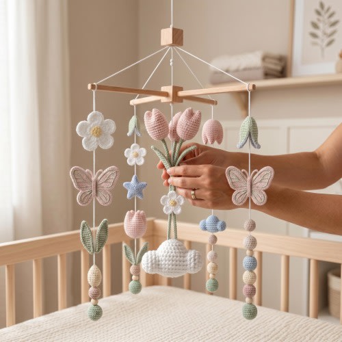 Handmade Floral Baby Mobile, Tulip & Butterfly Crib Mobile, Boho Nursery Decor, Custom Baby Gift, Pastel Crochet Baby Mobile