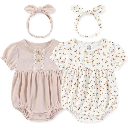 Baby Girl Clothes Cotton Bubble Romper Floral Bodysuits Infant Outfit Set - 9-12 Months - Short Sleeve Romper With Bow - Pink/Floral Short-sleeved Bodysuit