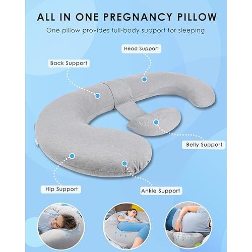 QUEEN ROSE Pregnancy Pillow, E Shaped Body Pillows for Sleeping Support, 60 Inch Maternity Pillow for Pregnant Women with Cooling Silky Cover, Grey