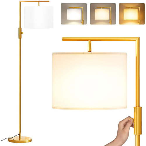 SUNMORY Iron Modern Standing Lamp, Gold Floor Lamp for Living Room, with Rotary Switch, Hanging Shade and 3 Color Temperatures 9W Bulb for Bedroom, Study Room, Office