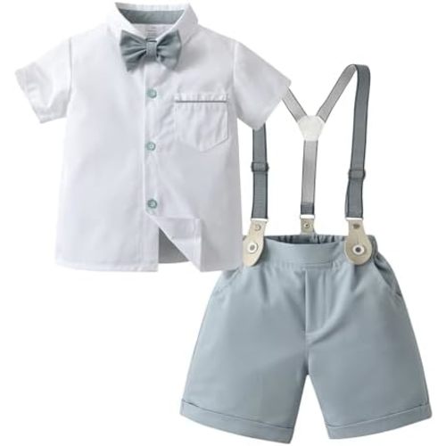 Boarnseorl Baby Boys Gentleman Outfits Shorts Sets,Infant Shirt + Shorts + Bow Tie + Suspenders