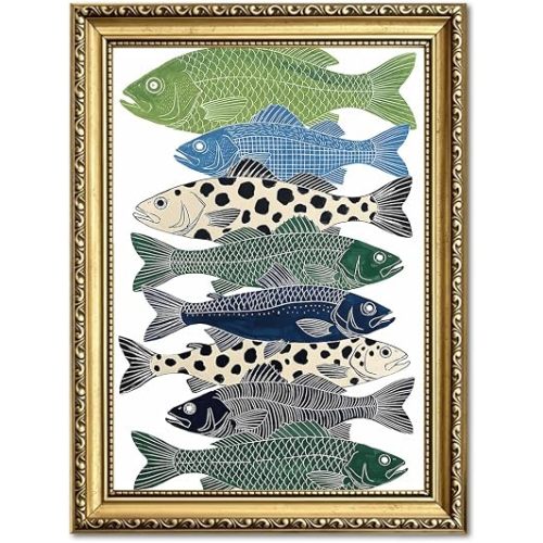 Vintage Fish Wall Art, Coastal Nautical Fish Wall Decor Painting Abstract Ocean Life Canvas Print Picture for Kitchen Bathroom Living Room 12x16 inch Gold Framed