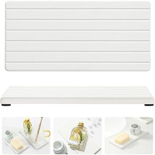 2PCS Quick Stone Drying Tray Mat For Bathroom & Kitchen Counter, Instant Dry Water Absorbent Drink Bar Coasters, Vanity Sink Caddy Organizer,Dish Soap Dispenser Sponge Holder, White - 8"*3.8"