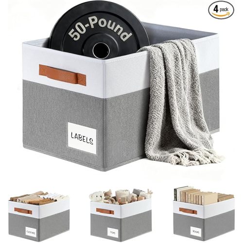 Criusia Large Closet Storage Baskets for organizing 4 Pack, Non-Dust-Absorbing Closet Shelf Organizer Bins with Handles & Labels - Decorative Collapsible Baskets for Living Room Bedroom Nursery Dorm